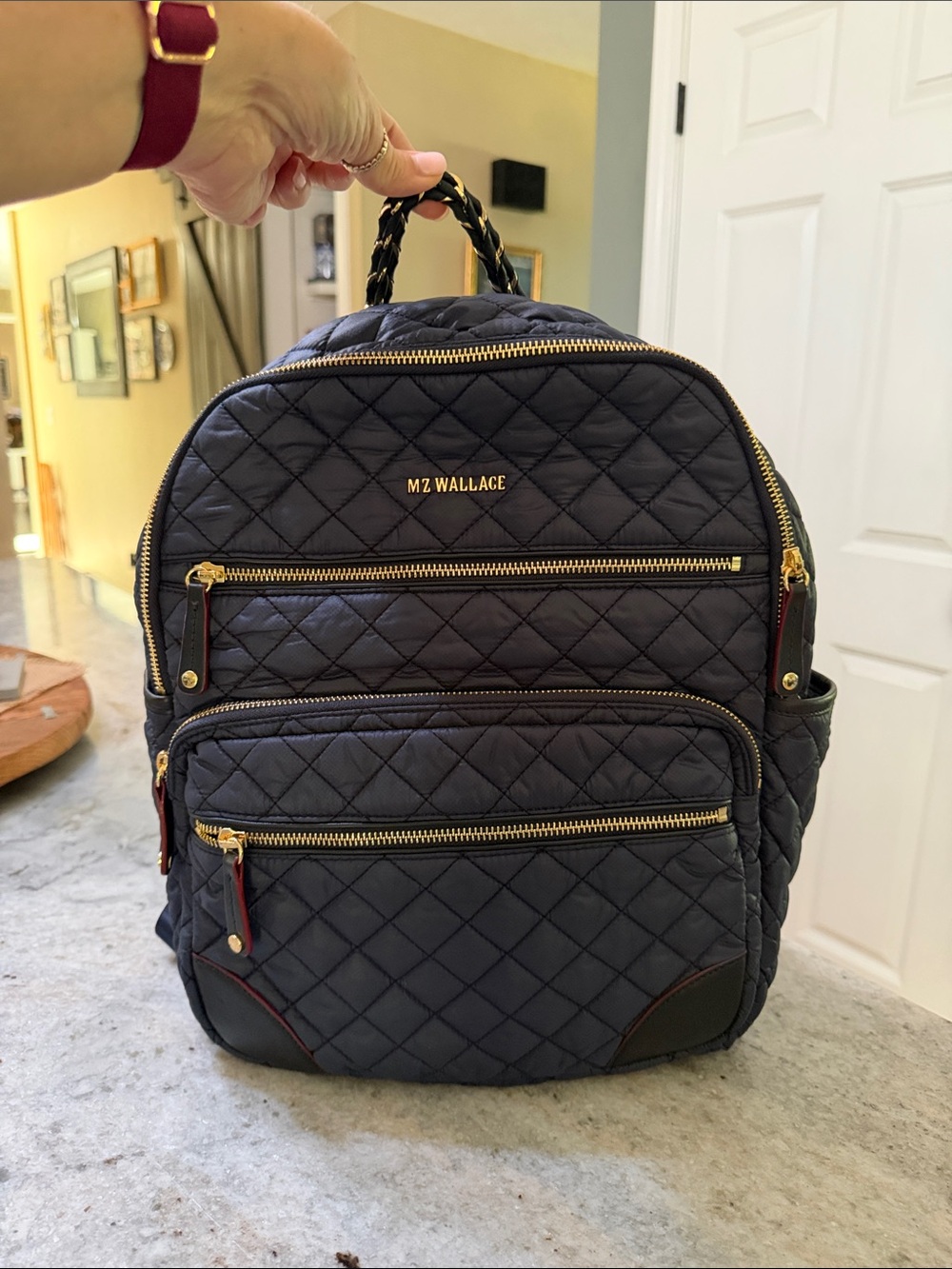 MZ Wallace Crosby Backpack with Gold Hardware Dawn w/ red trimmed leather pulls